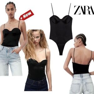 Zara Black satin effect playboy bunny style bustier bodysuit Sz S NWT sweetheart